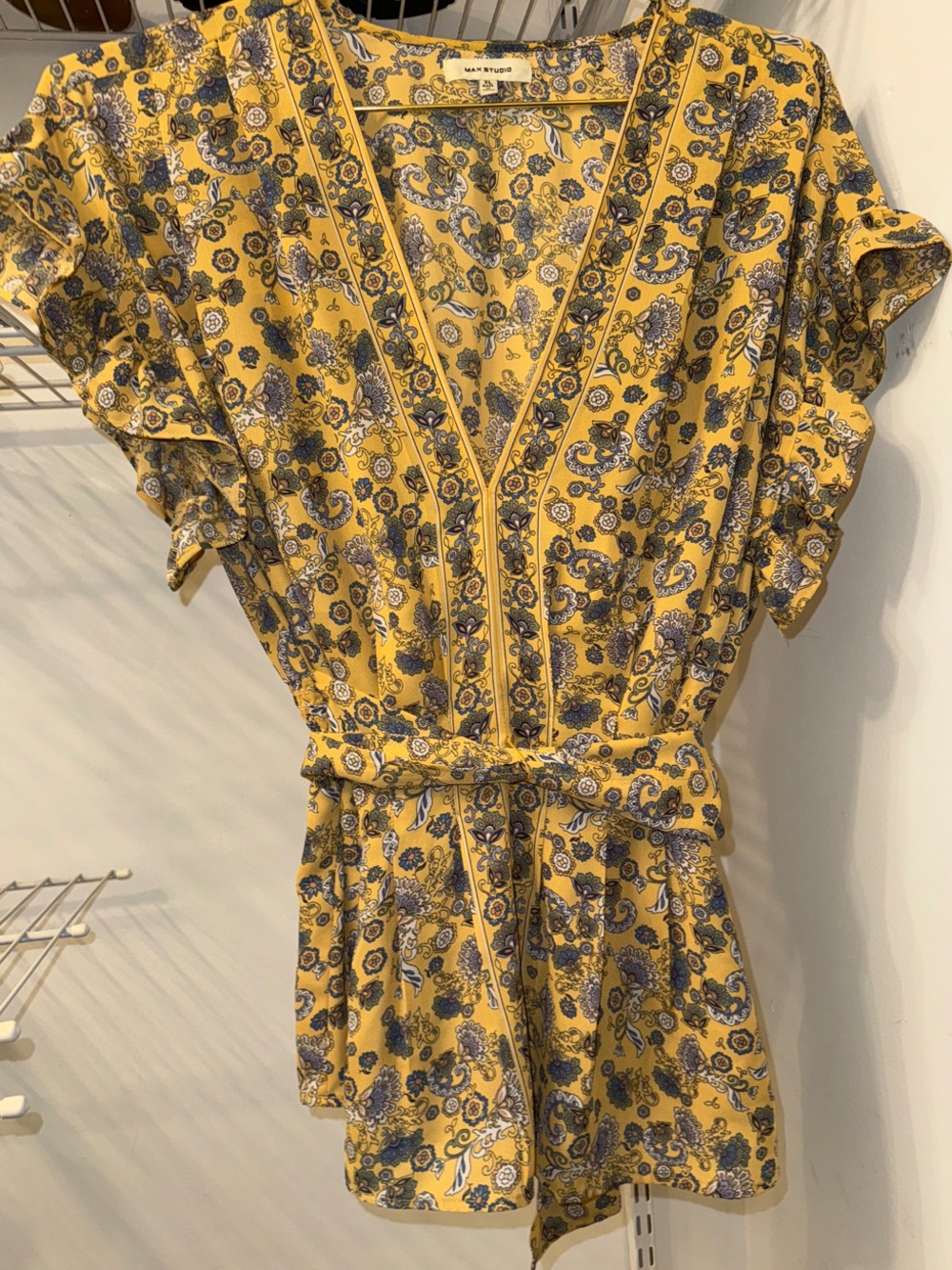Max Studio Yellow Paisley Wrap Tunic with Self Tie - Picture 3 of 6